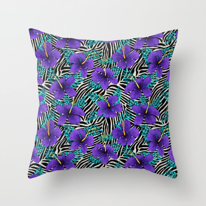 Purple Hibiscus and Zebra Stripes Throw Pillow