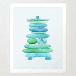 Sea Glass Cairn Watercolor - Teal and Blue Art Print