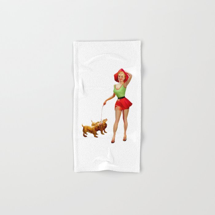 Sexy Blonde Pin Up With Green Dress Red Skirt And Two Dogs Hand & Bath Towel