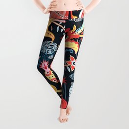 ornamental floral pattern with birds on a dark background Leggings
