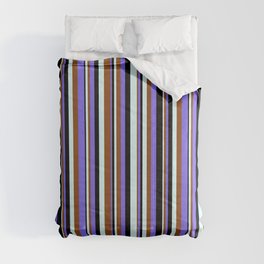 [ Thumbnail: Light Cyan, Brown, Medium Slate Blue & Black Colored Lines Pattern Comforter ]