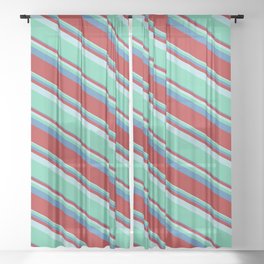 [ Thumbnail: Powder Blue, Aquamarine, Blue, and Red Colored Lined/Striped Pattern Sheer Curtain ]