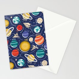 Paper space adventure I // navy blue background multicoloured solar system paper cut planets origami paper spaceships and rockets  Stationery Card