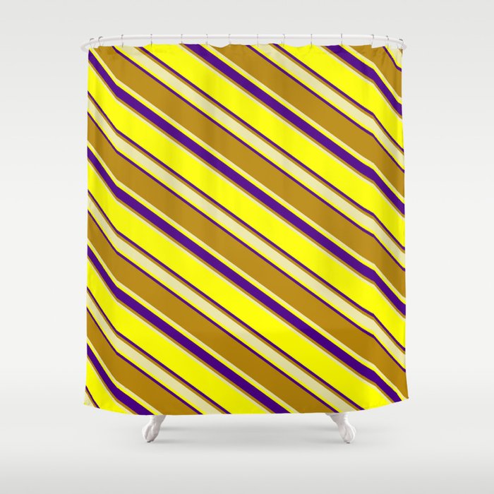 Yellow, Indigo, Dark Goldenrod, and Pale Goldenrod Colored Stripes/Lines Pattern Shower Curtain