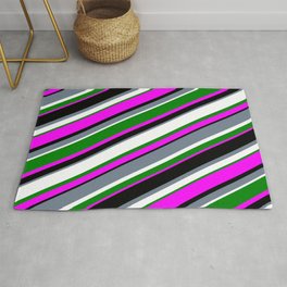 [ Thumbnail: Eyecatching Slate Gray, White, Green, Fuchsia, and Black Colored Striped Pattern Rug ]
