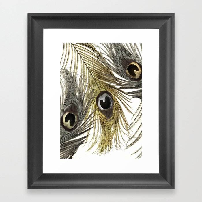 Gold and Silver Peacock Feathers Framed Art Print