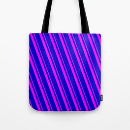 [ Thumbnail: Blue and Fuchsia Colored Striped Pattern Tote Bag ]