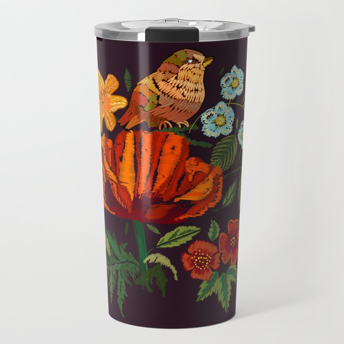 Pillow. Vintage floral embroidery design on black background. Bird, Red Poppy and yellow Lily flowers. Vintage illustration Travel Mug