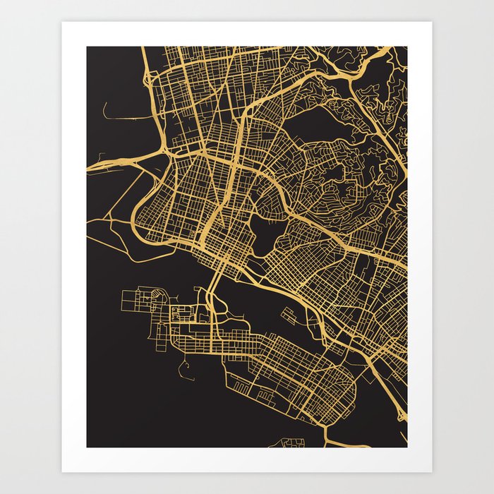OAKLAND CALIFORNIA GOLD ON BLACK CITY MAP Art Print