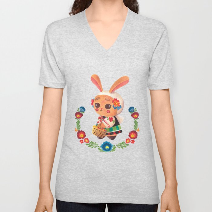 The Cute Bunny in Polish Costume V Neck T Shirt