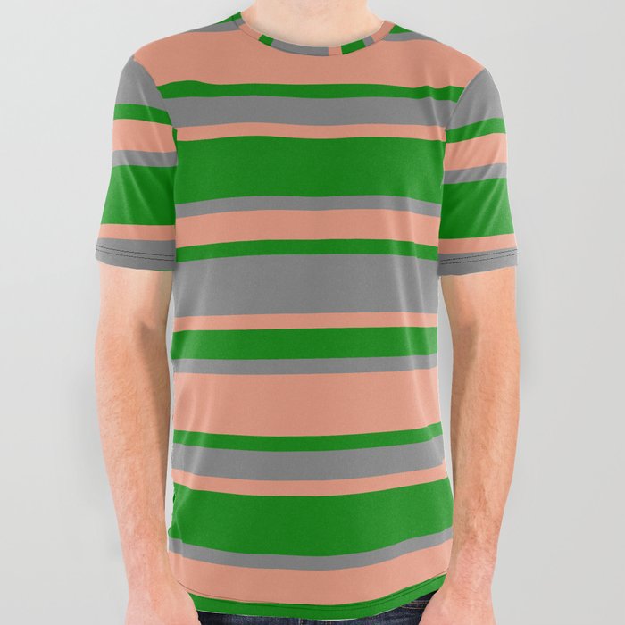 Grey, Dark Salmon & Green Colored Lines Pattern All Over Graphic Tee