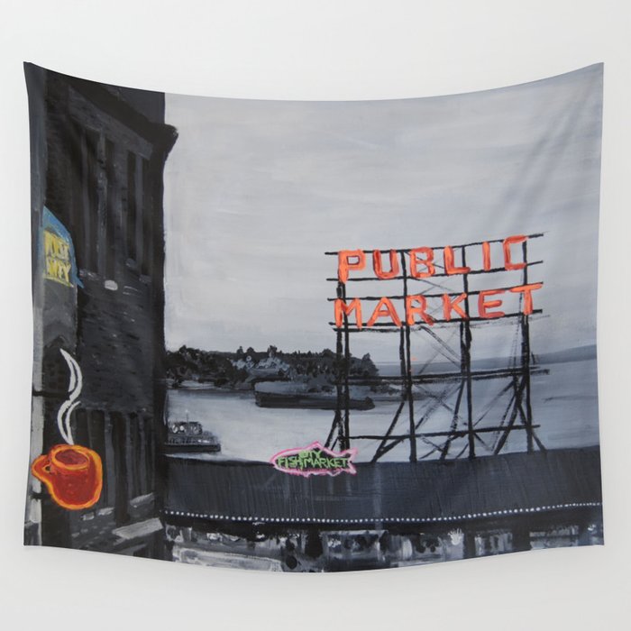 Pike Place Market - Black & White & Neon -Seattle Washginton Wall Tapestry