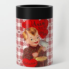 Creepy Vintage Retro Valentine's Day Boy Holding Axe  Can Cooler