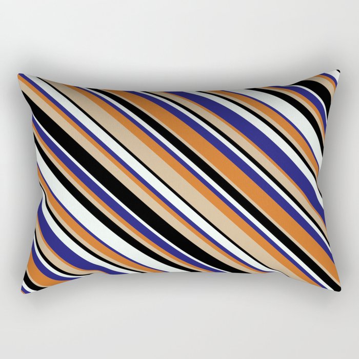 Eyecatching Tan, Black, Mint Cream, Midnight Blue & Chocolate Colored Striped Pattern Rectangular Pillow