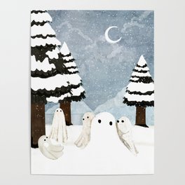 Snow Ghost Poster | Haunted, Painting, Snowballfight, Winter, Snowghost, Mountain, Cute, Ghost, Nature, Pineforest 