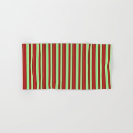 [ Thumbnail: Light Green and Red Colored Pattern of Stripes Hand & Bath Towel ]