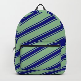 [ Thumbnail: Dark Sea Green and Blue Colored Lined/Striped Pattern Backpack ]