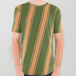 [ Thumbnail: Dark Olive Green & Brown Colored Stripes/Lines Pattern All Over Graphic Tee ]