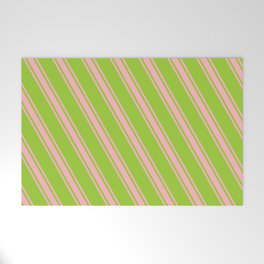 [ Thumbnail: Green & Light Pink Colored Lined/Striped Pattern Welcome Mat ]