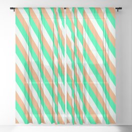 [ Thumbnail: Brown, Green, and Mint Cream Colored Striped Pattern Sheer Curtain ]