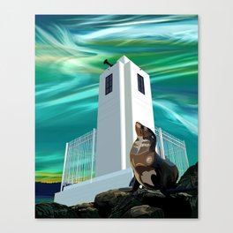 Lighthouse, Seal and Northern Lights Canvas Print