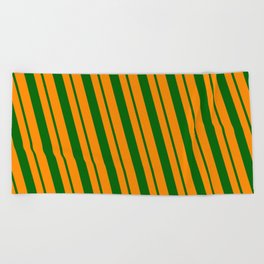 [ Thumbnail: Dark Orange & Dark Green Colored Striped/Lined Pattern Beach Towel ]
