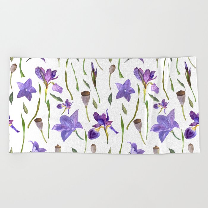 purple iris watercolor pattern Beach Towel