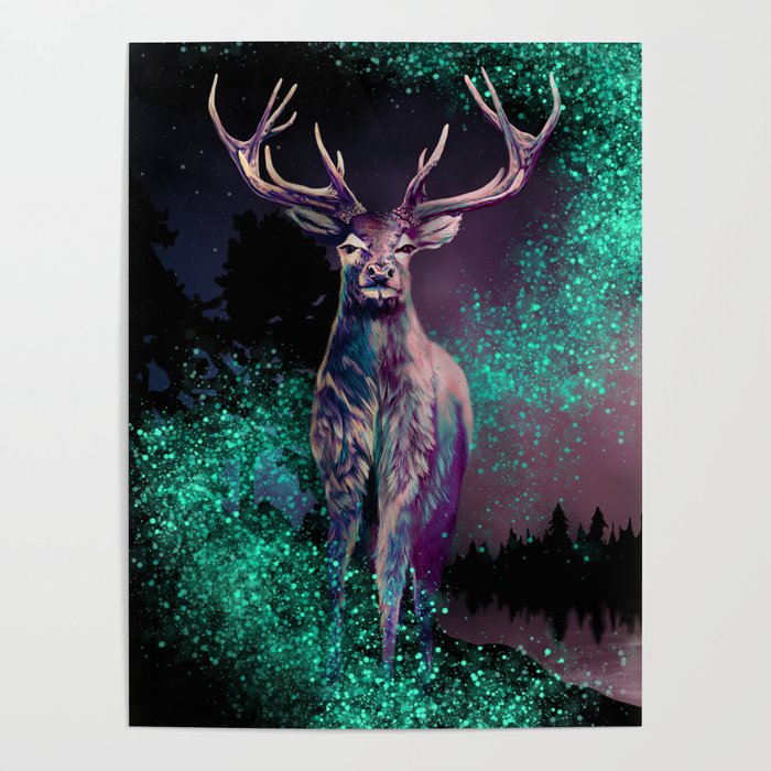 Buck in the Night, Deer with Colorful Antlers in the Night, Dark Nature Art Illustration Poster