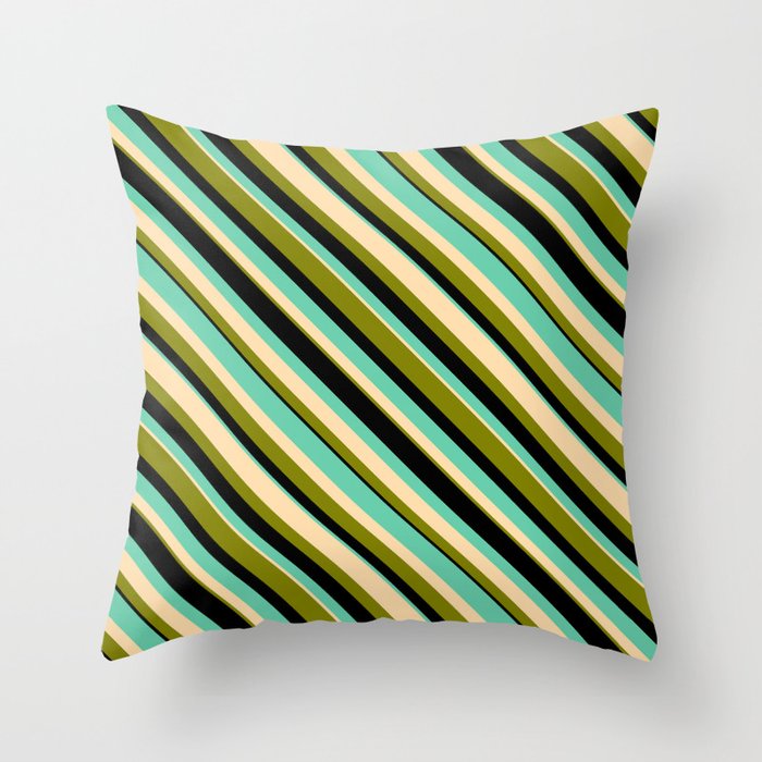 Aquamarine, Tan, Green, and Black Colored Striped Pattern Throw Pillow