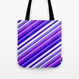 [ Thumbnail: Beige, Medium Slate Blue, Dark Violet & Blue Colored Stripes Pattern Tote Bag ]