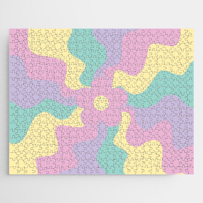 Happy Retro Daisy - Pastel Pink, Yellow, Purple and Green Jigsaw Puzzle