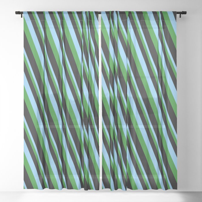 Light Sky Blue, Forest Green & Black Colored Pattern of Stripes Sheer Curtain