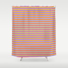 [ Thumbnail: Eye-catching Red, Yellow, Powder Blue, Purple & Mint Cream Colored Stripes Pattern Shower Curtain ]
