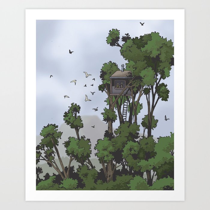 TreeHouse in the Sky Art Print | Drawing, Illustration, Graphic-design, Pop-art, Treehouse, Fantsy