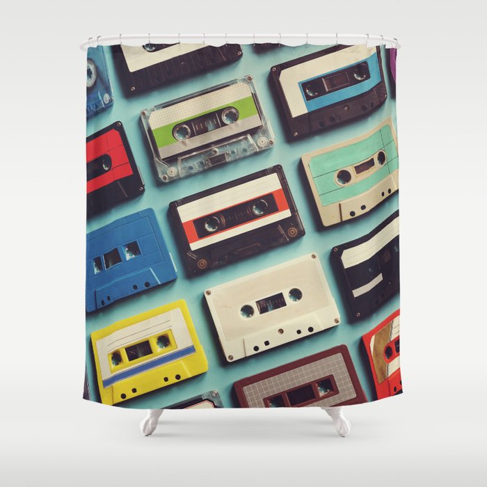 Cassette tape aerial view vintage style collection Shower Curtain