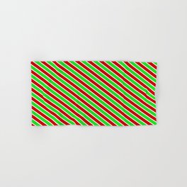 [ Thumbnail: Christmas Inspired Red, White & Green Colored Lines/Stripes Pattern Hand & Bath Towel ]