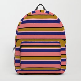 [ Thumbnail: Eye-catching Dark Goldenrod, Pink, Midnight Blue, Light Coral & Black Colored Stripes/Lines Pattern Backpack ]