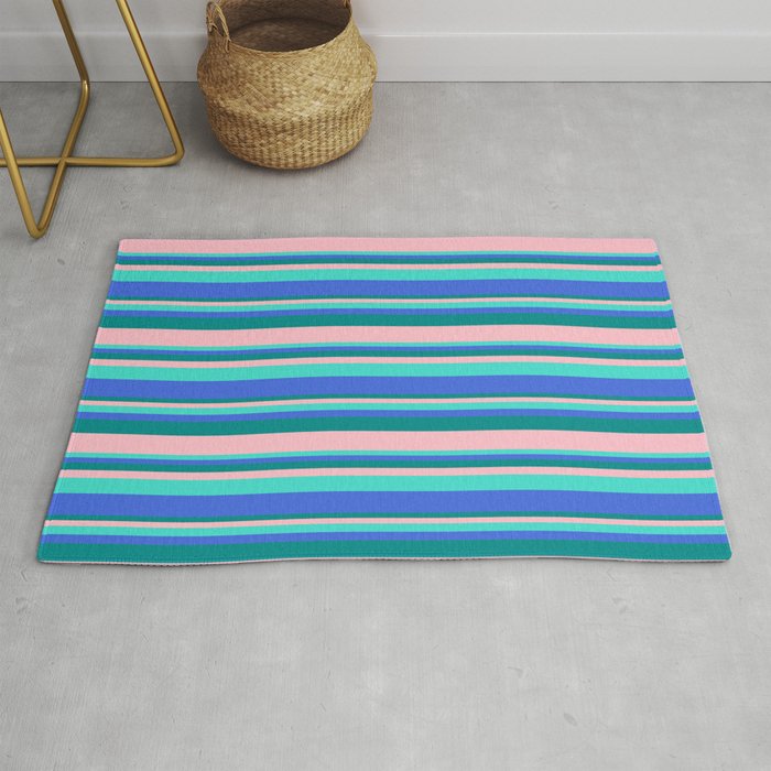 Turquoise, Royal Blue, Dark Cyan, and Pink Colored Stripes Pattern Rug