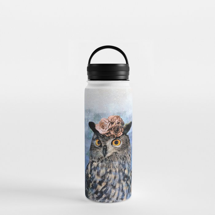 Painting of cute owl with flowers on his head (blue background) - nature Water Bottle