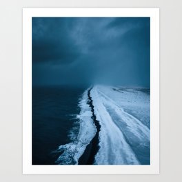 Black Sand Beach with snow in Iceland during a storm – Moody Landscape Photography Art Print