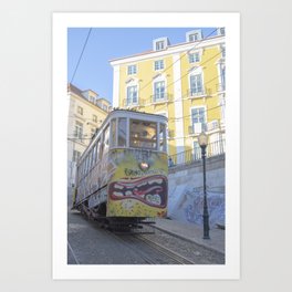 Bright yellow graffiti on cable car in Lisbon, Portugal - street and travel photography Art Print
