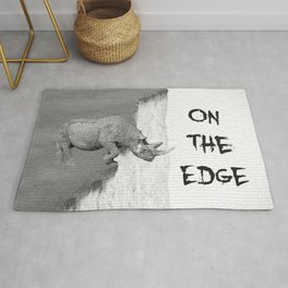 On The Edge Rug | Digital, Endangered, Rhinoceros, Poaching, Monochrome, Cliff, Graphicdesign, Edge, Black, Conservation 