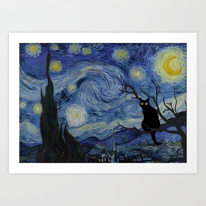  Starry Night Vincent Van Gogh Black Cat Art Print