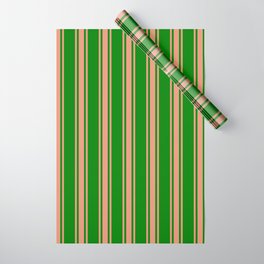 [ Thumbnail: Green and Dark Salmon Colored Lines/Stripes Pattern Wrapping Paper ]