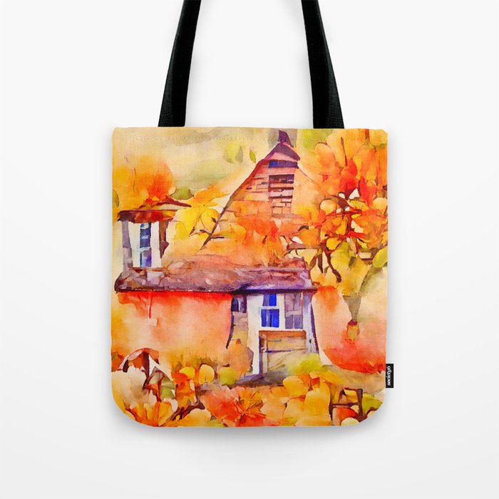 AUTUMN COTTAGE Whimsical Rustic Fall Season Pumpkin Country House Watercolor Painting Tote Bag