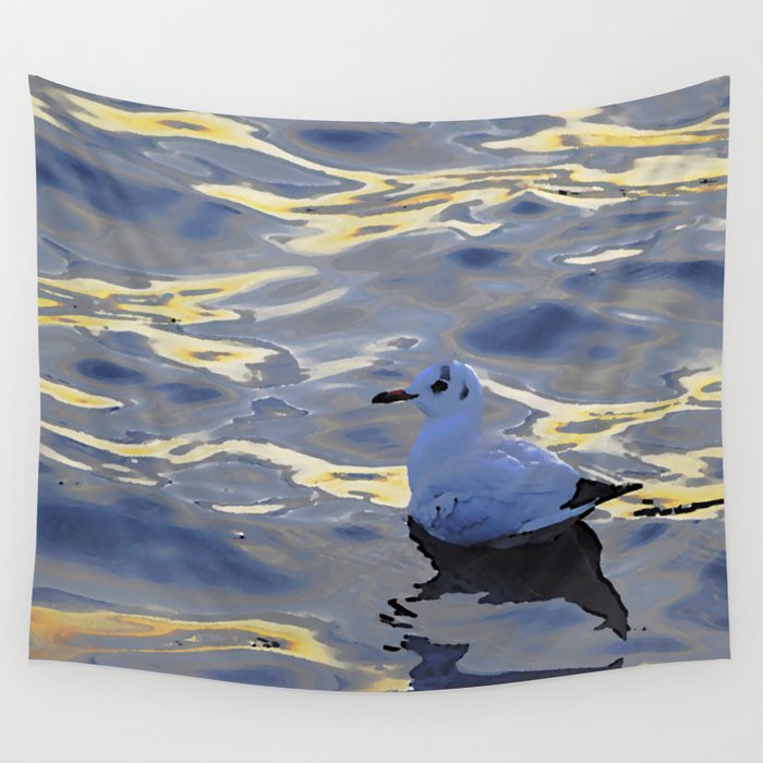 Swimming seagull with sunlight reflection on water Wall Tapestry