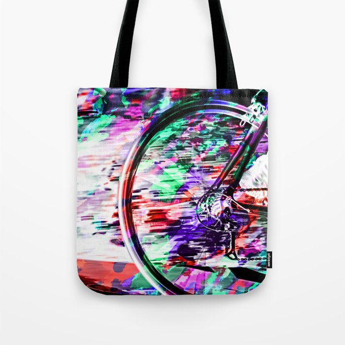bicycle wheel with colorful abstract background in green red and purple Tote Bag