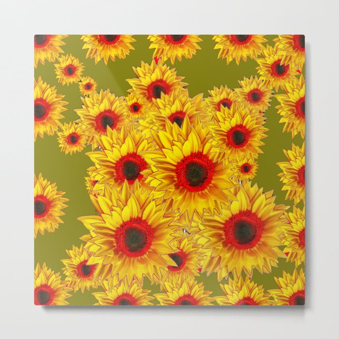Moss Green & Yellow Red Center Sunflowers Pattern Metal Print
