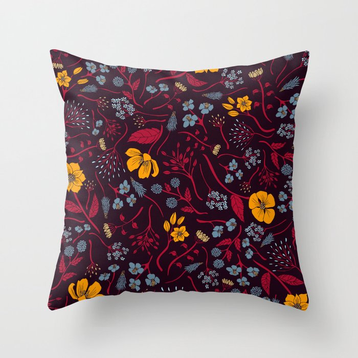 Mustard Yellow, Burgundy & Blue Floral Pattern Throw Pillow