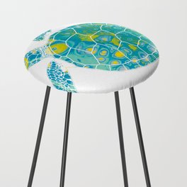 Aqua, Blue, Green & Yellow  Colorful Sea Turtle 3 - Abstract Minimal Marble Fluid Art Paint Beach Art Counter Stool